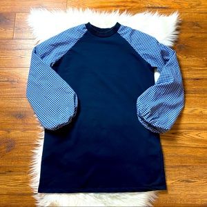 Benin Turkish Blue Gingham Balloon Long Sleeve Mid Sweater Dress Size M EUC